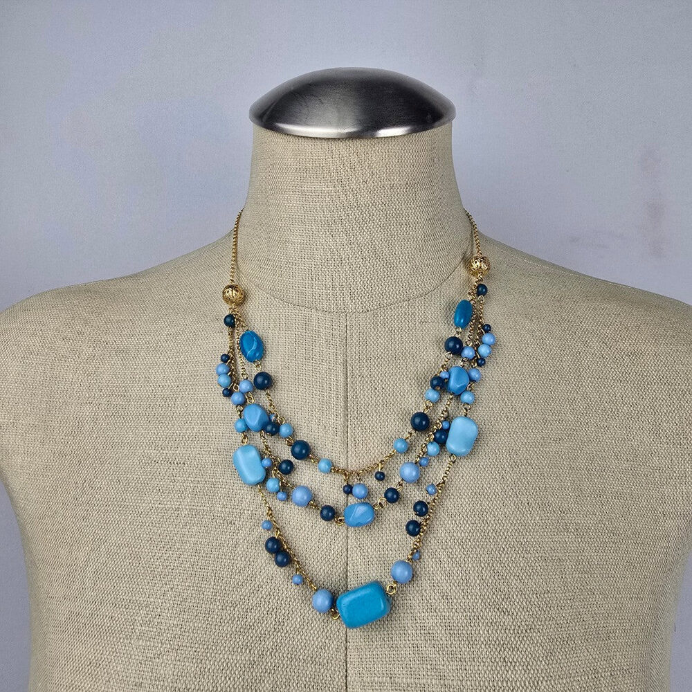 Vintage Avon Gold Tone Blue Beaded Layered Necklace & Earring Set